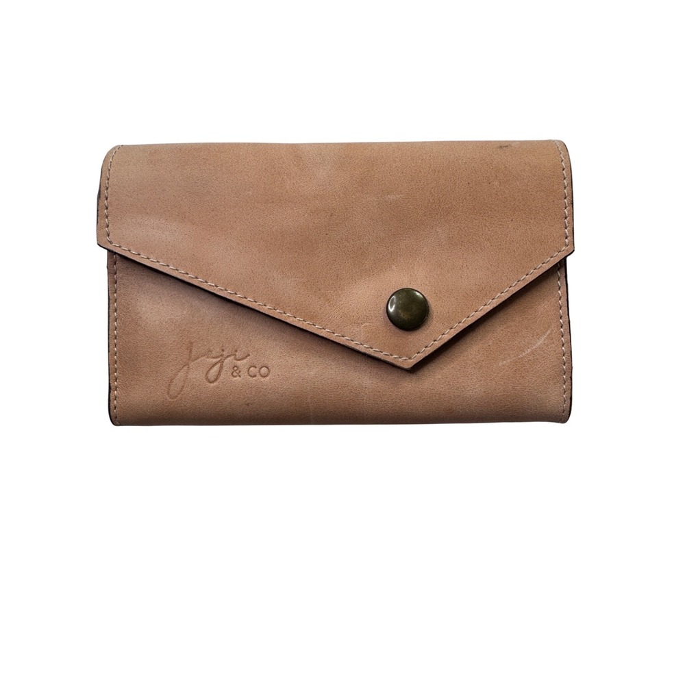 Juju & Co Tan Leather Envelope Wallet Tri-Fold Snap Card Holder Zipper Pockets